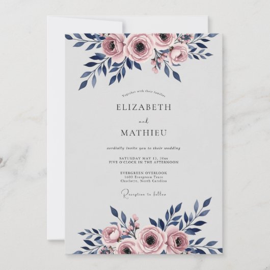 Navy Blue Romantic Watercolor Wedding Kaart (Voorkant)
