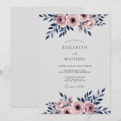 Navy Blue Romantic Watercolor Wedding Kaart (Voorkant / Achterkant)