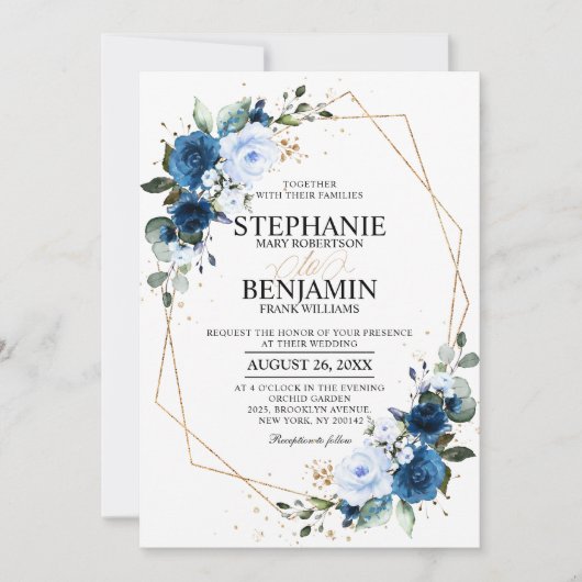 Navy Blue Roos Boho Geometric Wedding Invitation Kaart (Voorkant)