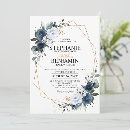Navy Blue Roos Boho Geometric Wedding Kaart (Staand voorkant)