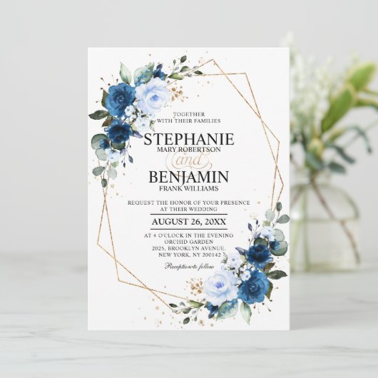 Navy Blue Roos Boho Geometric Wedding Kaart (Staand voorkant)