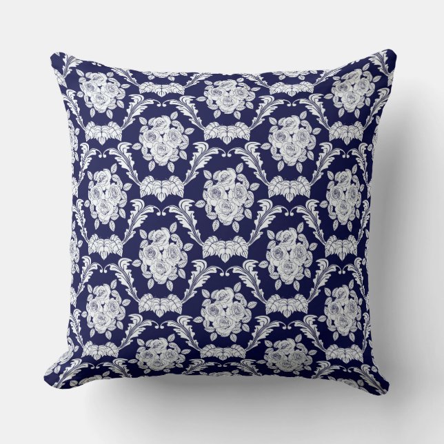 Navy Blue Roos/Damask Reversible Decorative Pillow Kussen (Voorkant)