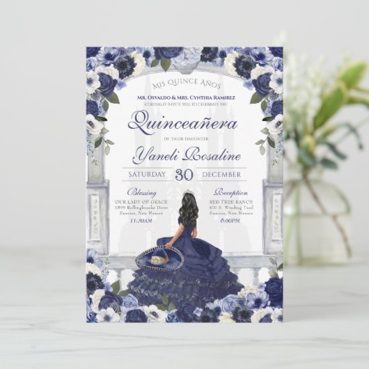 Navy Blue Roos Elegant Charro Princess Quinceanera Kaart (Staand voorkant)