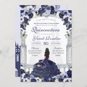 Navy Blue Roos Elegant Charro Princess Quinceanera Kaart