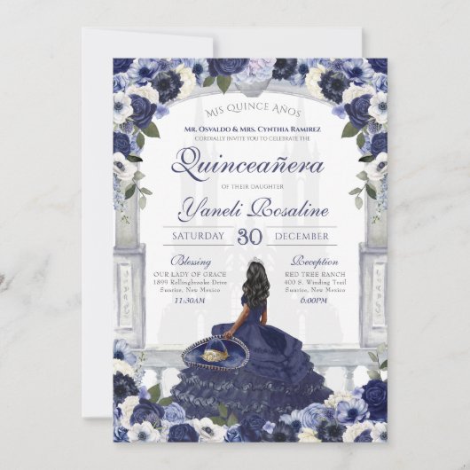 Navy Blue Roos Elegant Charro Princess Quinceanera Kaart (Voorkant)