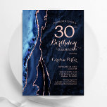 Navy Blue Roos Gold Agaat 30e verjaardag Kaart<br><div class="desc">Marineblauw en roos gouden agaat 30e verjaardagsfeestuitnodiging. Elegant modern ontwerp met een koningsblauwe waterverf agaat marmeren geode achtergrond,  faux glitter roos goud en typografie script lettertype. Trendy uitnodigingskaart perfect voor een stijlvol vrouwenfeest. Gedrukte Zazzle-uitnodigingen of direct download digitale afdrukbare sjabloon.</div>