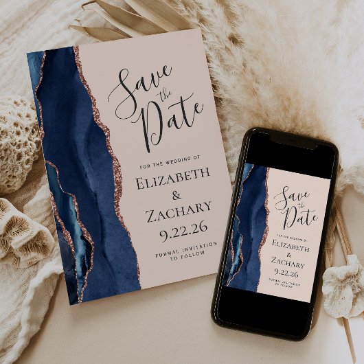 Navy Blue Roos Gold Agaat Blush Save the Date