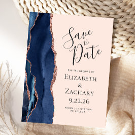 Navy Blue Roos Gold Agaat Blush Save the Date Aankondigingskaart