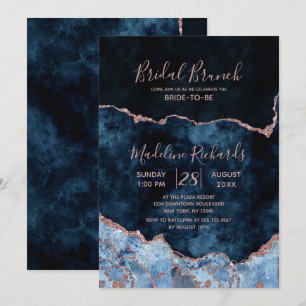 Navy Blue Roos Gold Agaat Bridal Brunch Uitnodigin Kaart