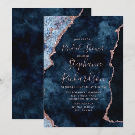 Navy Blue Roos Gold Agaat Bridal Shower Invitation Kaart (Voorkant / Achterkant)