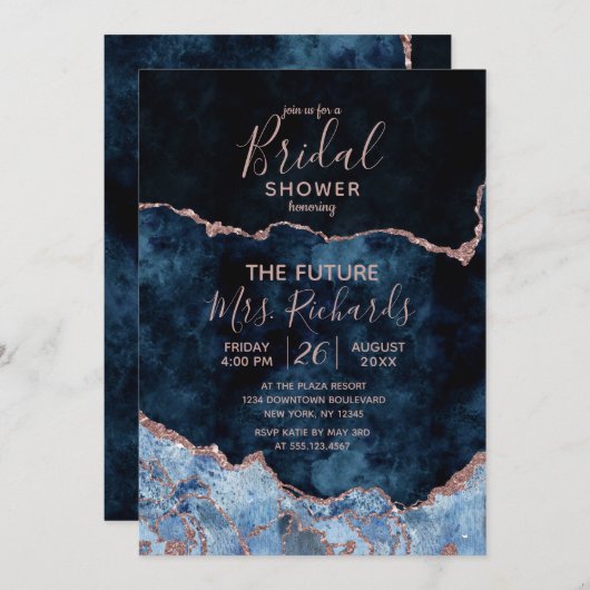 Navy Blue Roos Gold Agaat Bridal Shower Invitation Kaart (Voorkant / Achterkant)