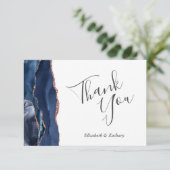 Navy Blue Roos Gold Agaat Bruiloft Flat Dank u Kaart (Staand voorkant)