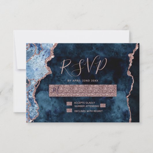 Navy Blue Roos Gold Agaat Bruiloft RSVP Reactie Kaartje (Voorkant)