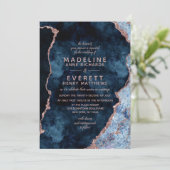 Navy Blue & Roos Gold Agaat bruiloft uitnodigingen (Staand voorkant)