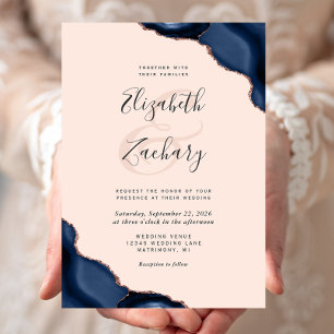 Navy Blue Roos Gold Agaat Corners Blush Wedding Kaart