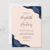 Navy Blue Roos Gold Agaat Corners Blush Wedding Kaart (Voorkant)