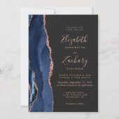 Navy Blue Roos Gold Agaat Dark QR Code Wedding Kaart (Voorkant)