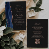 Navy Blue Roos Gold Agaat Dark QR Code Wedding Kaart