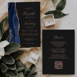 Navy Blue Roos Gold Agaat Dark QR Code Wedding Kaart