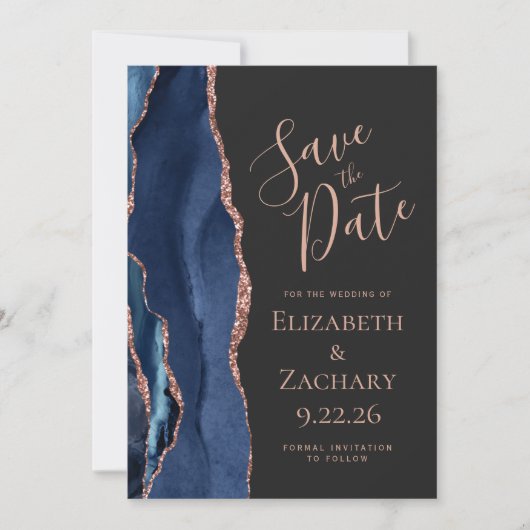 Navy Blue Roos Gold Agaat Dark Save the Date (Voorkant)