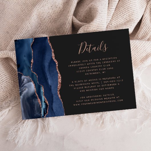 Navy Blue Roos Gold Agaat Dark Wedding Details Informatiekaartje