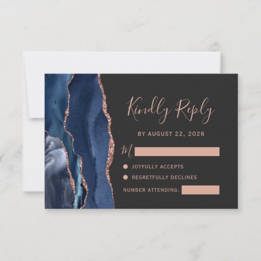 Navy Blue Roos Gold Agaat Dark Wedding RSVP (Voorkant)