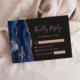 Navy Blue Roos Gold Agaat Dark Wedding RSVP Kaartje