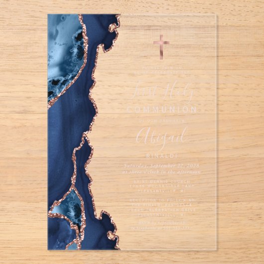 Navy Blue Roos Gold Agaat Eerste Communie Acryl Uitnodigingen (Voorkant)