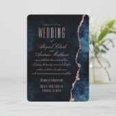 Navy Blue Roos Gold Agaat Gilt Wedding Invitation Kaart (Staand voorkant)