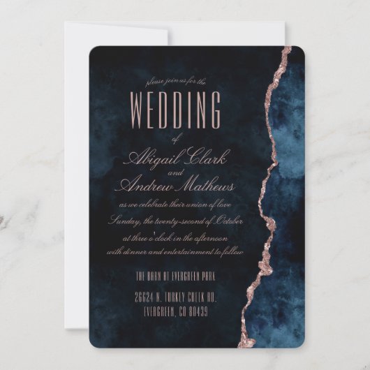 Navy Blue Roos Gold Agaat Gilt Wedding Invitation Kaart (Voorkant)