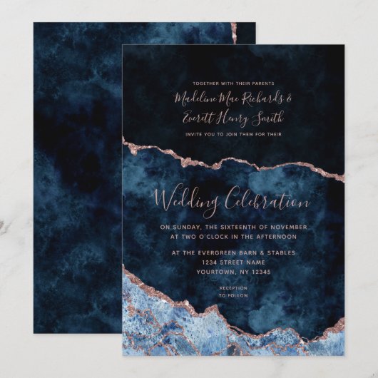Navy Blue Roos Gold Agaat Gilt Wedding Invitation Kaart (Voorkant / Achterkant)