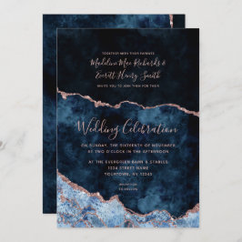 Navy Blue Roos Gold Agaat Gilt Wedding Invitation Kaart