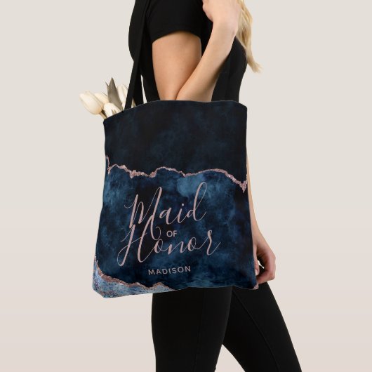 Navy Blue & Roos Gold Agaat Marmer Maid of Honor Tote Bag (Dichtbij)