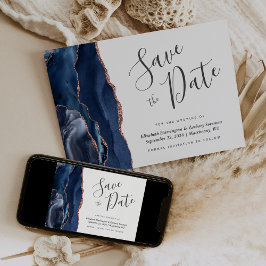 Navy Blue Roos Gold Agaat Save the Date Kaart
