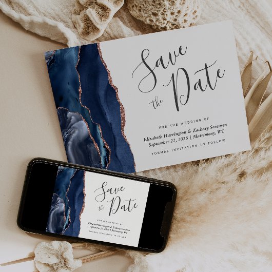Navy Blue Roos Gold Agaat Save the Date Kaart