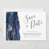 Navy Blue Roos Gold Agaat Save the Date Kaart (Voorkant)