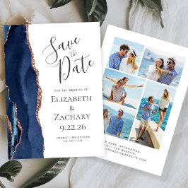 Navy Blue Roos Gold Agate 5-foto Save the Date Kaart