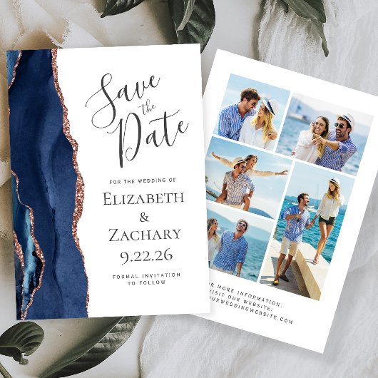 Navy Blue Roos Gold Agate 5-foto Save the Date Kaart