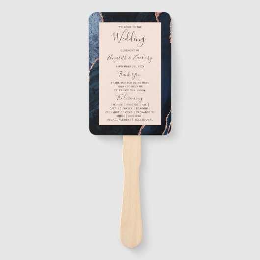 Navy Blue Roos Gold Agate Blush Wedding Program Handwaaier (Voorkant)