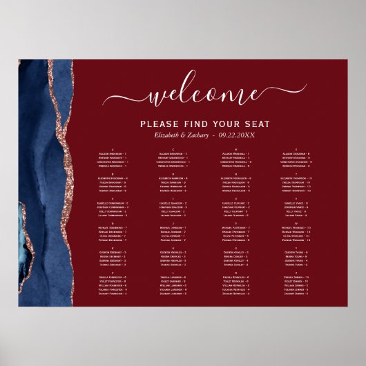 Navy Blue Roos Gold Agate Burgundy Wedding Seating Poster (Voorkant)