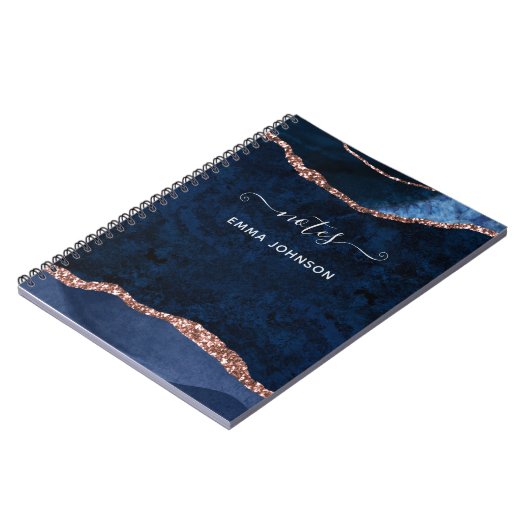 Navy Blue Roos Gold Agate Geode Name Waterverf Notitieboek (Linkerzijde)