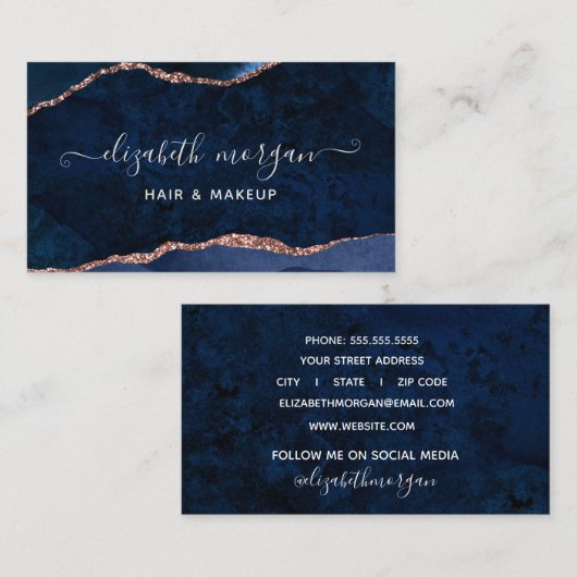 Navy Blue Roos Gold Agate Geode Waterverf Marmer Visitekaartje (Voorkant / Achterkant)