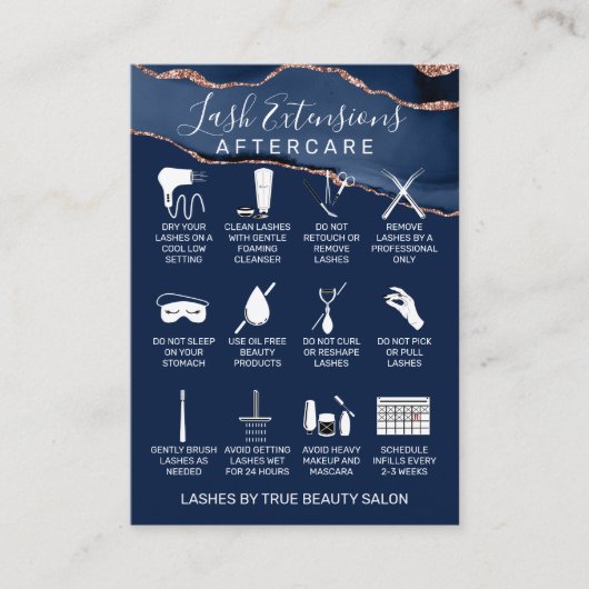 Navy Blue Roos Gold Agate Lash Extension Aftercare Visitekaartje (Voorkant)