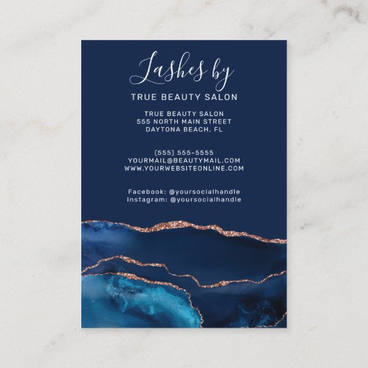 Navy Blue Roos Gold Agate Lash Extension Aftercare Visitekaartje (Achterkant)