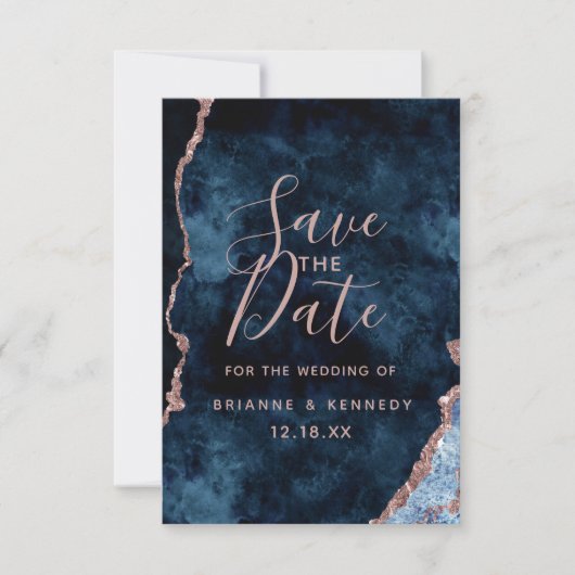 Navy Blue Roos Gold Agate Marble Foto op achterzij Save The Date (Voorkant)