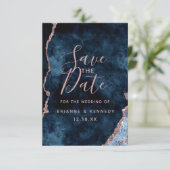 Navy Blue Roos Gold Agate Marble Foto op achterzij Save The Date (Staand voorkant)