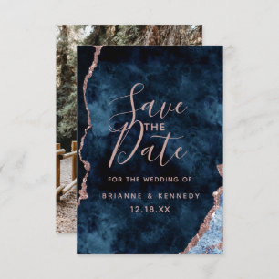Navy Blue Roos Gold Agate Marble Foto op achterzij Save The Date