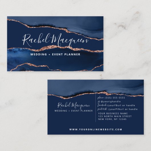 Navy Blue Roos Gold Agate Marble Visitekaartje (Voorkant / Achterkant)