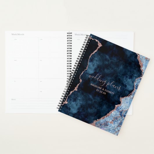 Navy Blue Roos Gold Agate Marmer Wedding Plans Planner (Display)
