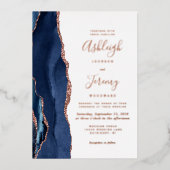 Navy Blue Roos Gold Agate Modern Wedding Folie Uitnodiging (Voorkant)